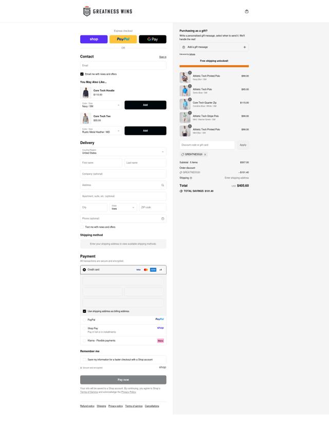 Greatness Wins checkout page showing Greatness Wins discount code box | Screenshot taken by SimplyCodes community member on Sep 12, 2025
