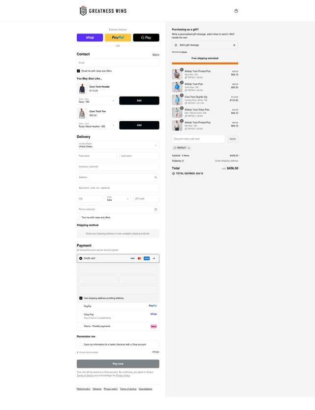 Greatness Wins checkout page showing Greatness Wins discount code box | Screenshot taken by SimplyCodes community member on Sep 12, 2025