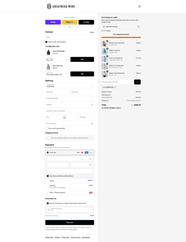 Greatness Wins checkout page showing Greatness Wins discount code box | Screenshot taken by SimplyCodes community member on Sep 12, 2025