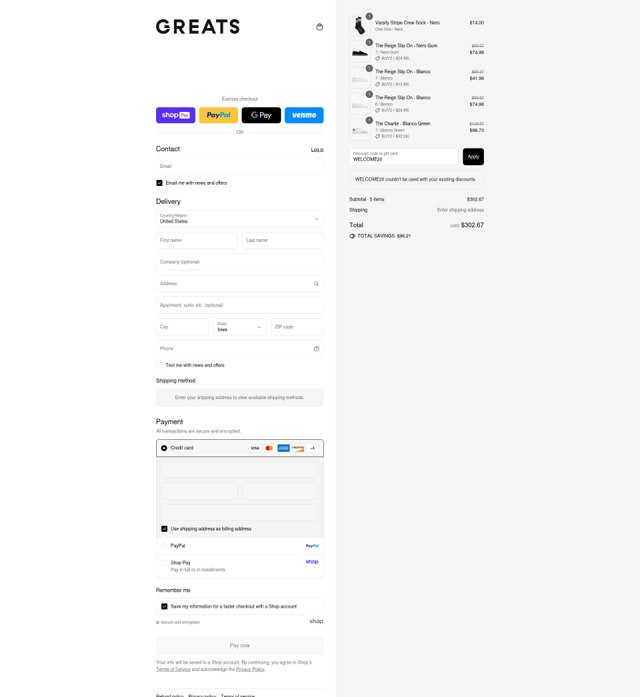 Greats checkout page showing Greats discount code box | Screenshot taken by SimplyCodes community member on Aug 24, 2025