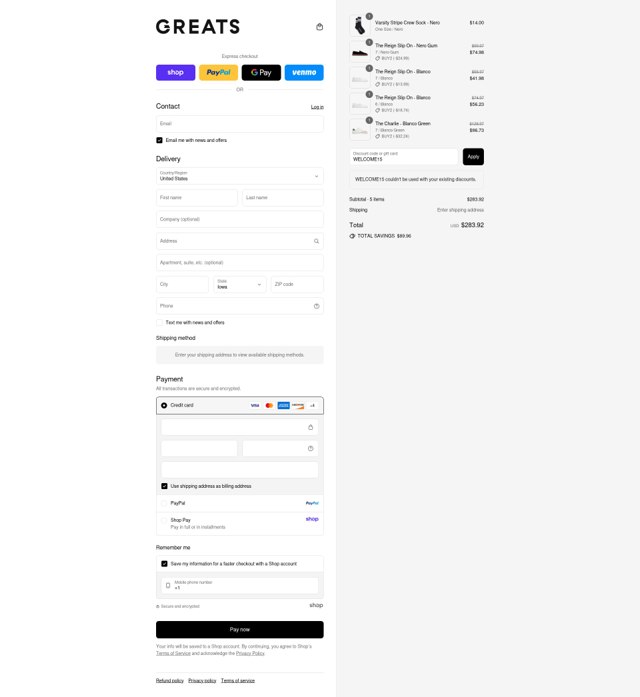 Greats checkout page showing Greats discount code box | Screenshot taken by SimplyCodes community member on Aug 28, 2025