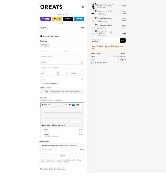 Greats checkout page showing Greats discount code box | Screenshot taken by SimplyCodes community member on Aug 24, 2025
