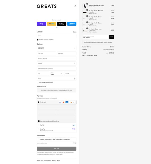 Greats checkout page showing Greats discount code box | Screenshot taken by SimplyCodes community member on Aug 28, 2025