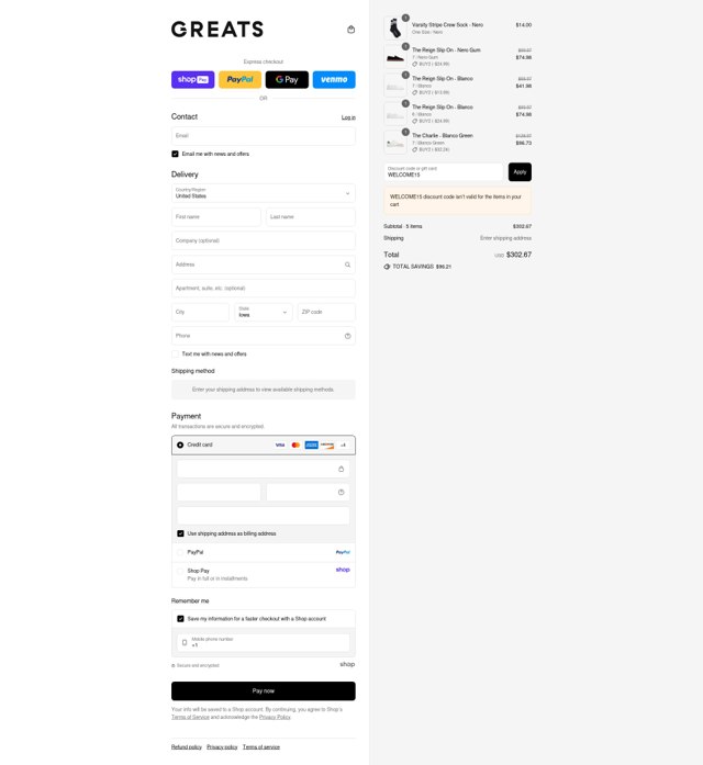 Greats checkout page showing Greats discount code box | Screenshot taken by SimplyCodes community member on Aug 20, 2025