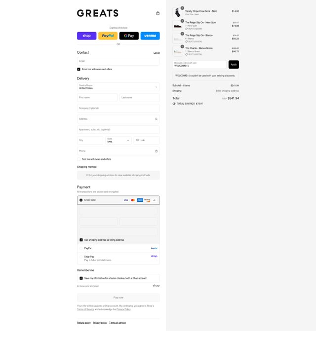 Greats checkout page showing Greats discount code box | Screenshot taken by SimplyCodes community member on Sep 2, 2025