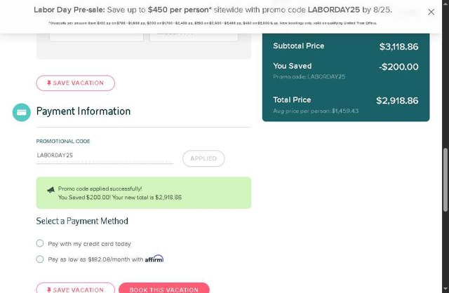 Great Value Vacations checkout page showing Great Value Vacations promo code box | Screenshot taken by SimplyCodes community member on Aug 22, 2025