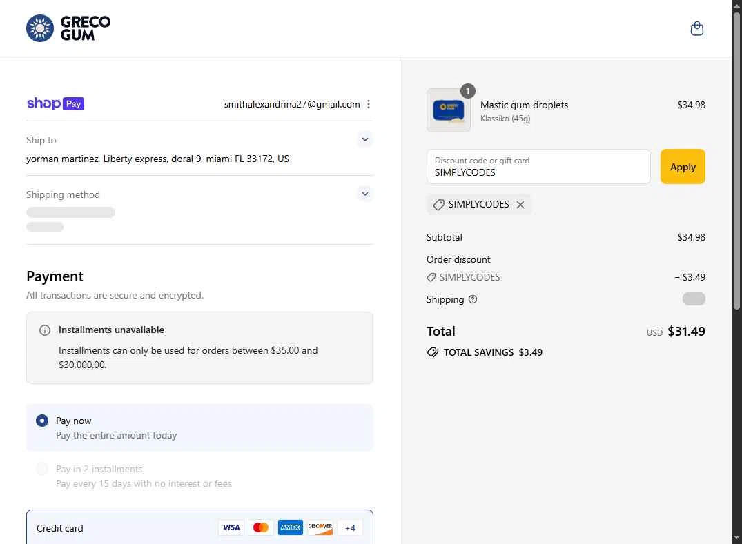 Greco Gum checkout page showing Greco Gum discount code box | Screenshot taken by SimplyCodes community member on Aug 22, 2025