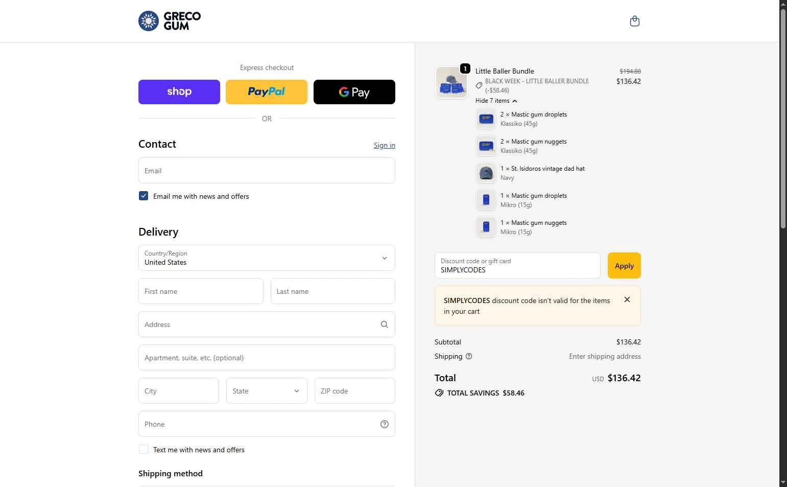 Greco Gum checkout page showing Greco Gum discount code box | Screenshot taken by SimplyCodes community member on Nov 30, 2025