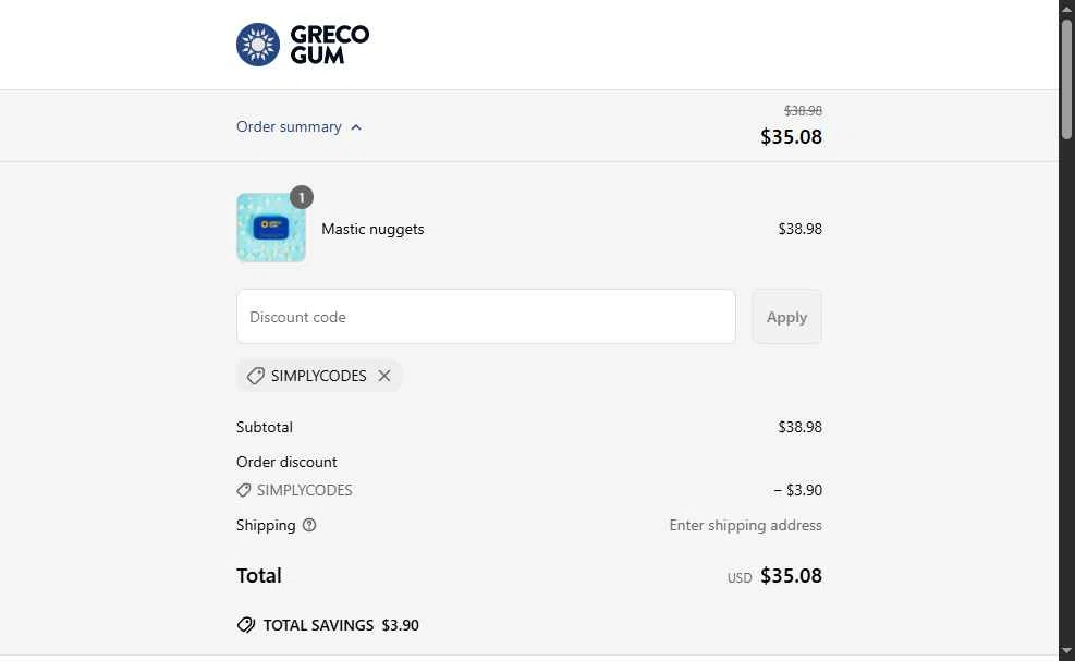 Greco Gum checkout page showing Greco Gum discount code box | Screenshot taken by SimplyCodes community member on Jun 25, 2025