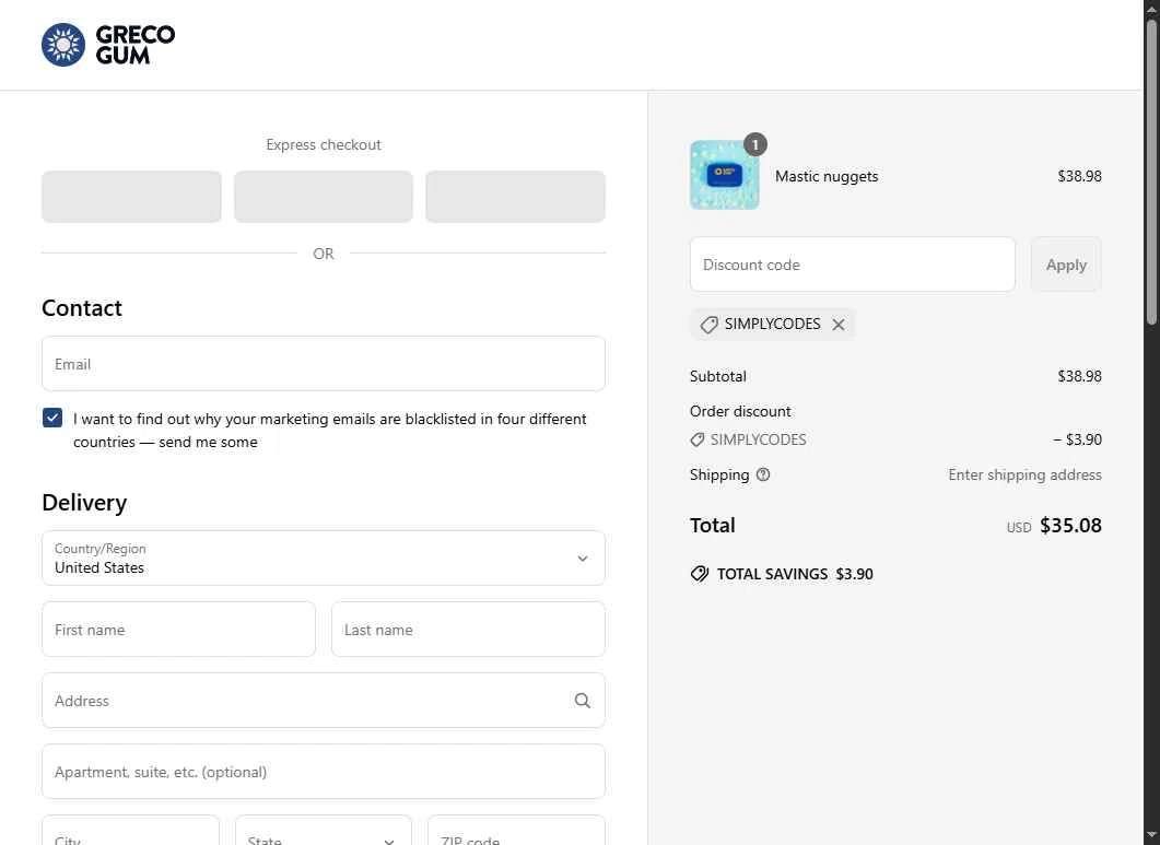 Greco Gum checkout page showing Greco Gum discount code box | Screenshot taken by SimplyCodes community member on Apr 28, 2025