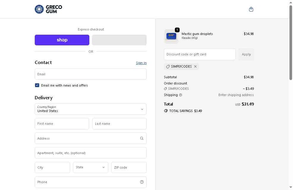 Greco Gum checkout page showing Greco Gum discount code box | Screenshot taken by SimplyCodes community member on Oct 19, 2025
