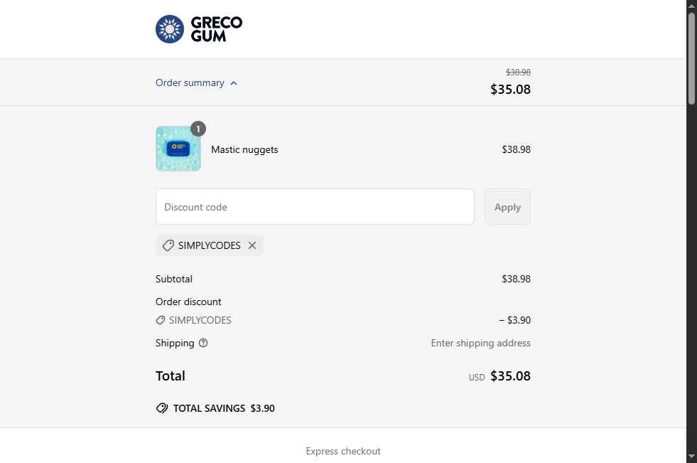 Greco Gum checkout page showing Greco Gum discount code box | Screenshot taken by SimplyCodes community member on May 27, 2025