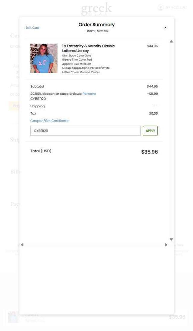 Greek Gear checkout page showing Greek Gear promo code box | Screenshot taken by SimplyCodes community member on Sep 7, 2025