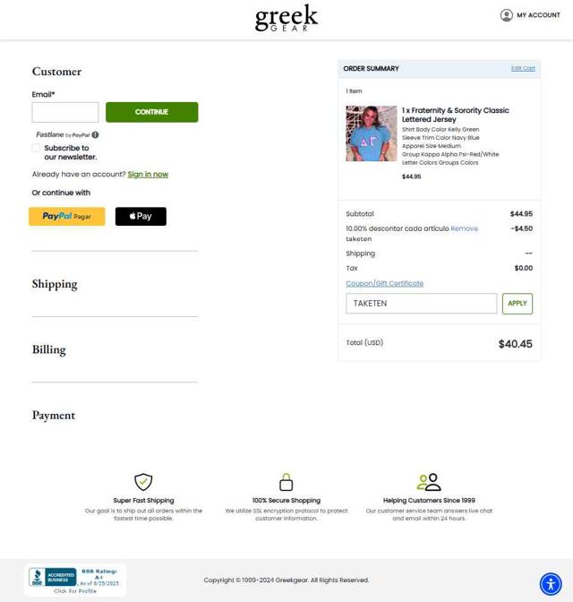 Greek Gear checkout page showing Greek Gear promo code box | Screenshot taken by SimplyCodes community member on Sep 7, 2025
