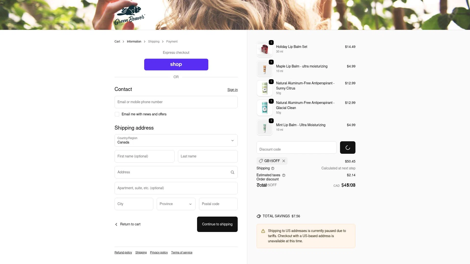 Green Beaver checkout page showing Green Beaver discount code box | Screenshot taken by SimplyCodes community member on Feb 5, 2026