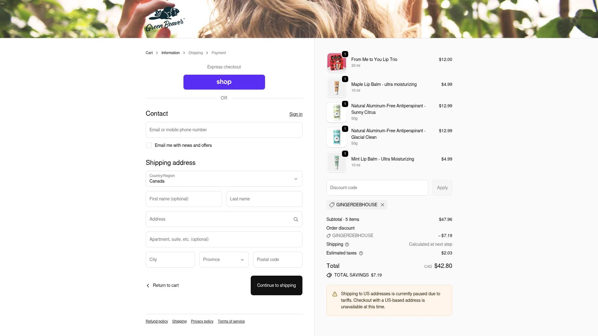 Green Beaver checkout page showing Green Beaver discount code box | Screenshot taken by SimplyCodes community member on Feb 23, 2026