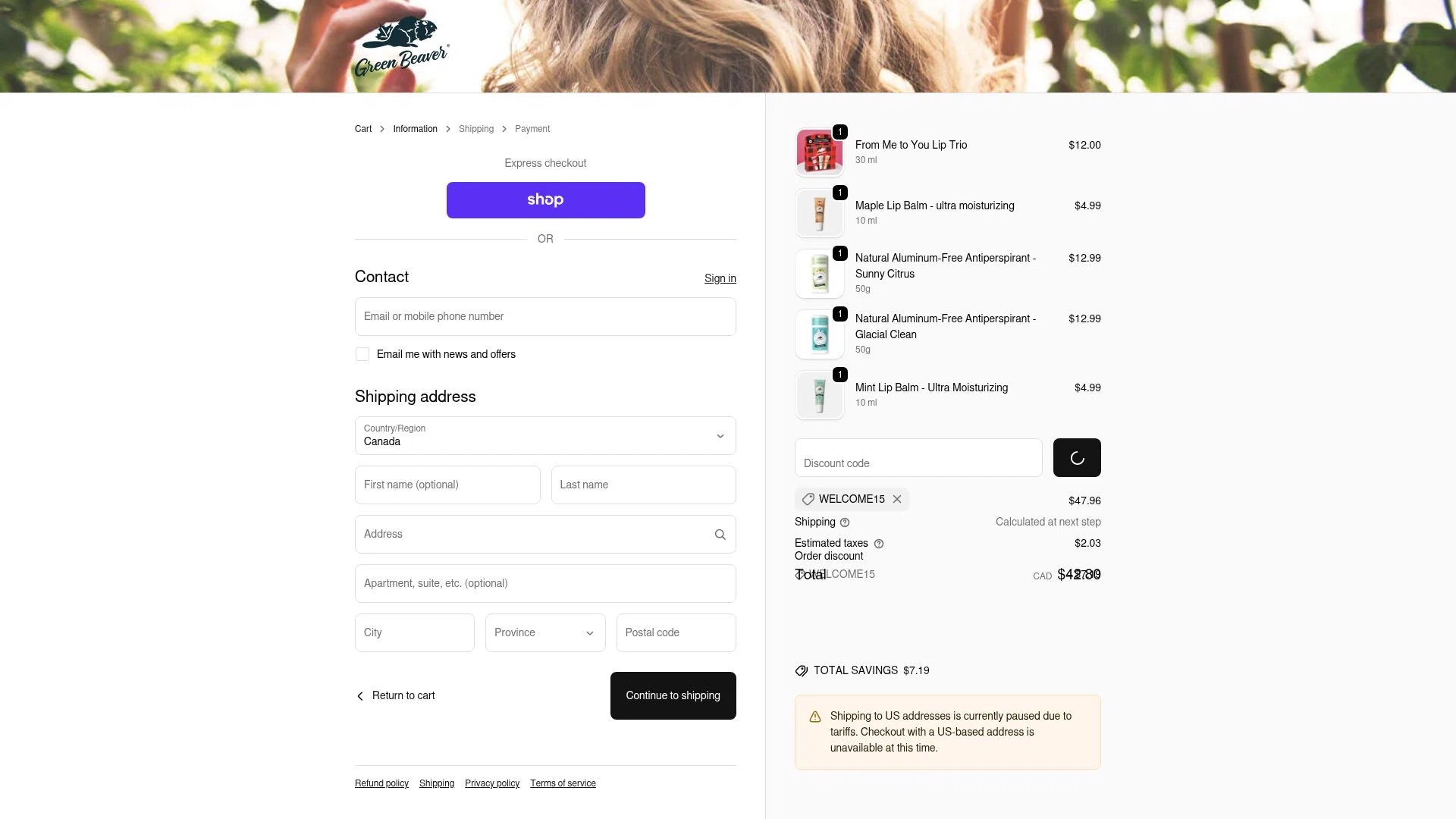 Green Beaver checkout page showing Green Beaver discount code box | Screenshot taken by SimplyCodes community member on Feb 18, 2026
