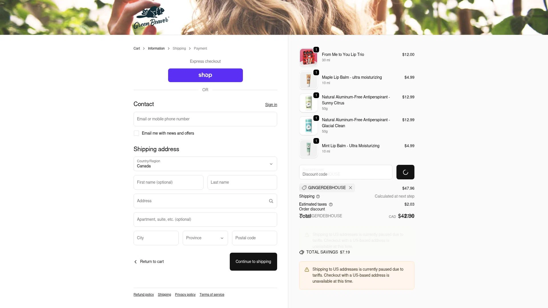 Green Beaver checkout page showing Green Beaver discount code box | Screenshot taken by SimplyCodes community member on Feb 14, 2026