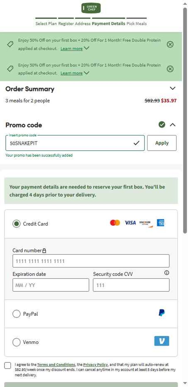 Green Chef checkout page showing Green Chef promo code box | Screenshot taken by SimplyCodes community member on Sep 3, 2025