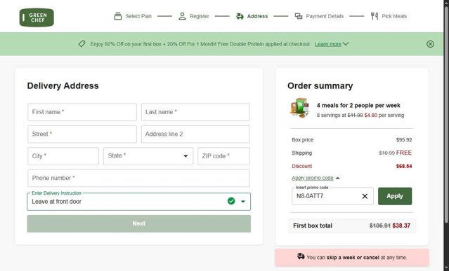 Green Chef checkout page showing Green Chef promo code box | Screenshot taken by SimplyCodes community member on Aug 26, 2025