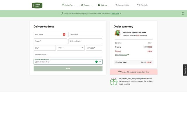 Green Chef checkout page showing Green Chef promo code box | Screenshot taken by SimplyCodes community member on Aug 19, 2025