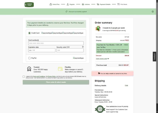 Green Chef checkout page showing Green Chef promo code box | Screenshot taken by SimplyCodes community member on Aug 26, 2025