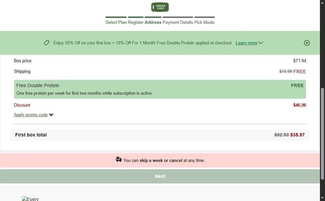 Green Chef checkout page showing Green Chef promo code box | Screenshot taken by SimplyCodes community member on Aug 13, 2025