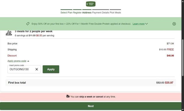 Green Chef checkout page showing Green Chef promo code box | Screenshot taken by SimplyCodes community member on Sep 1, 2025