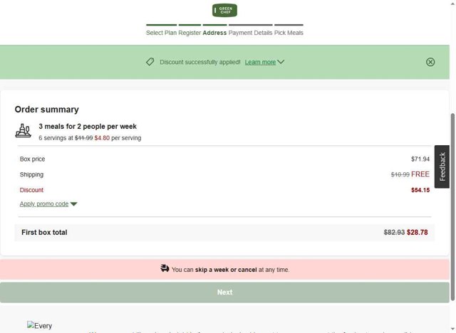 Green Chef checkout page showing Green Chef promo code box | Screenshot taken by SimplyCodes community member on Aug 12, 2025