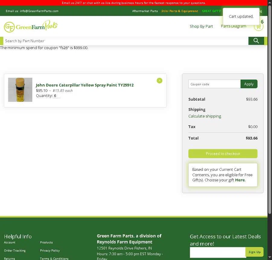 Green Farm Parts checkout page showing Green Farm Parts coupon code box | Screenshot taken by SimplyCodes community member on Jan 7, 2026