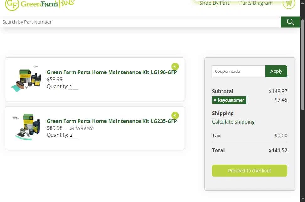 Green Farm Parts checkout page showing Green Farm Parts coupon code box | Screenshot taken by SimplyCodes community member on Jan 25, 2026