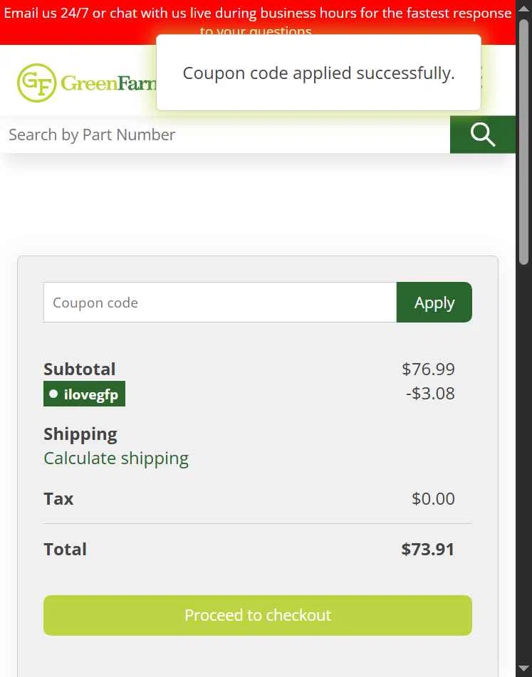 Green Farm Parts checkout page showing Green Farm Parts coupon code box | Screenshot taken by SimplyCodes community member on Jan 10, 2026