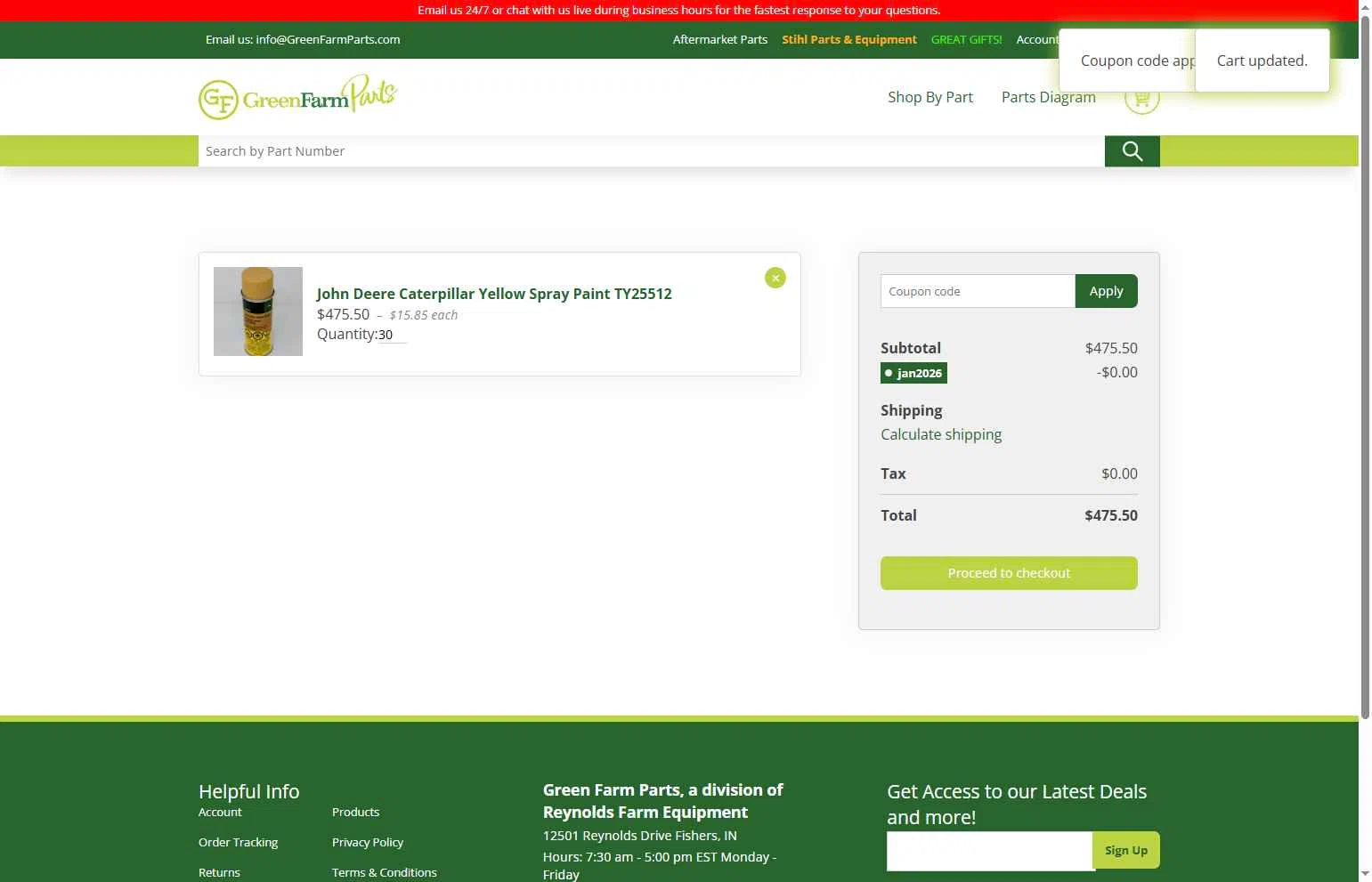 Green Farm Parts checkout page showing Green Farm Parts coupon code box | Screenshot taken by SimplyCodes community member on Jan 30, 2026