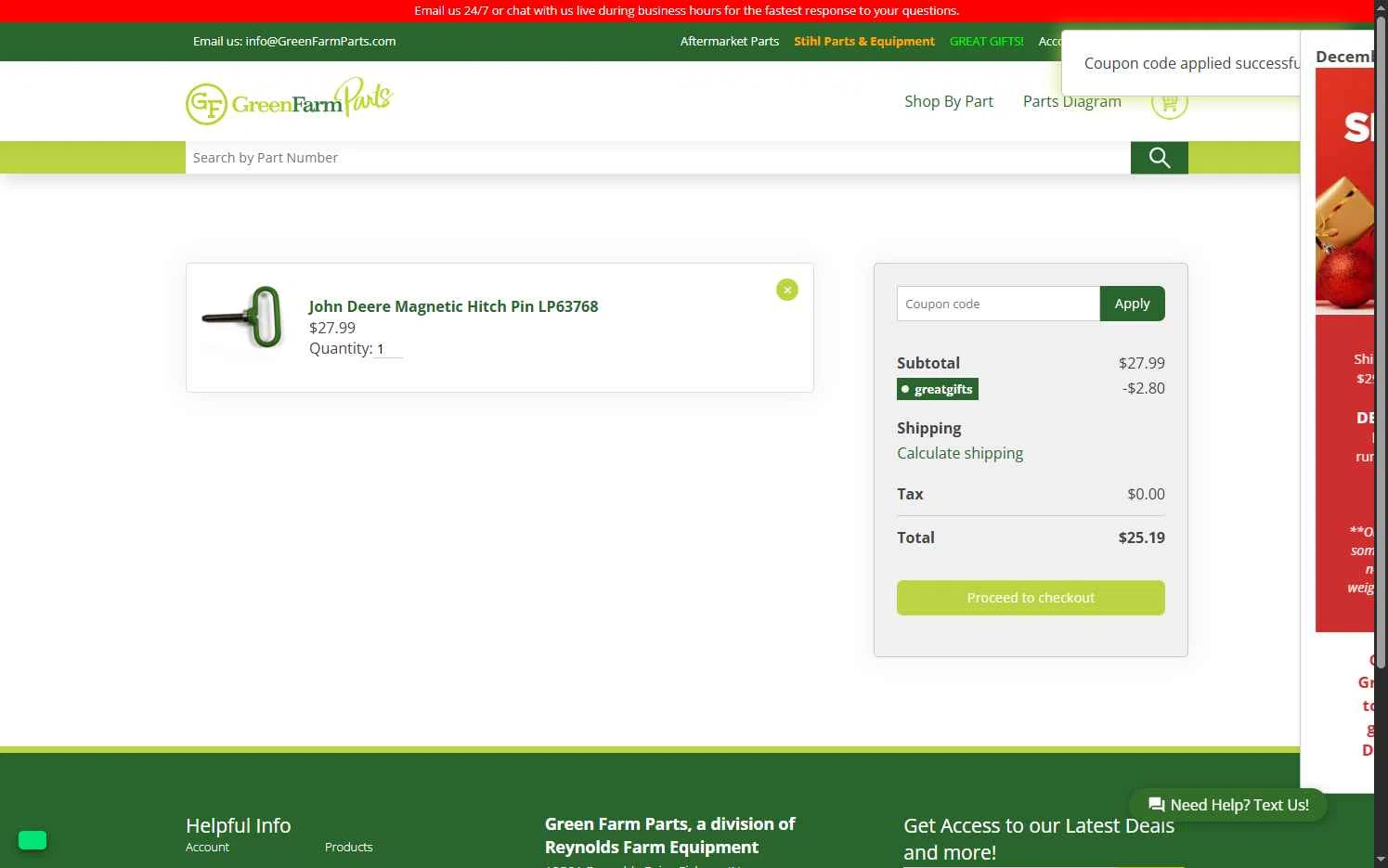 Green Farm Parts checkout page showing Green Farm Parts coupon code box | Screenshot taken by SimplyCodes community member on Dec 21, 2025