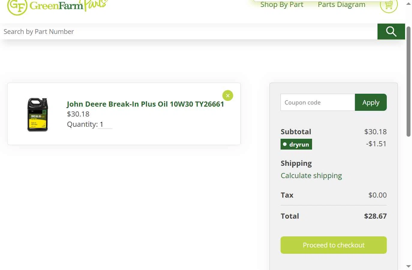 Green Farm Parts checkout page showing Green Farm Parts coupon code box | Screenshot taken by SimplyCodes community member on Jan 10, 2026