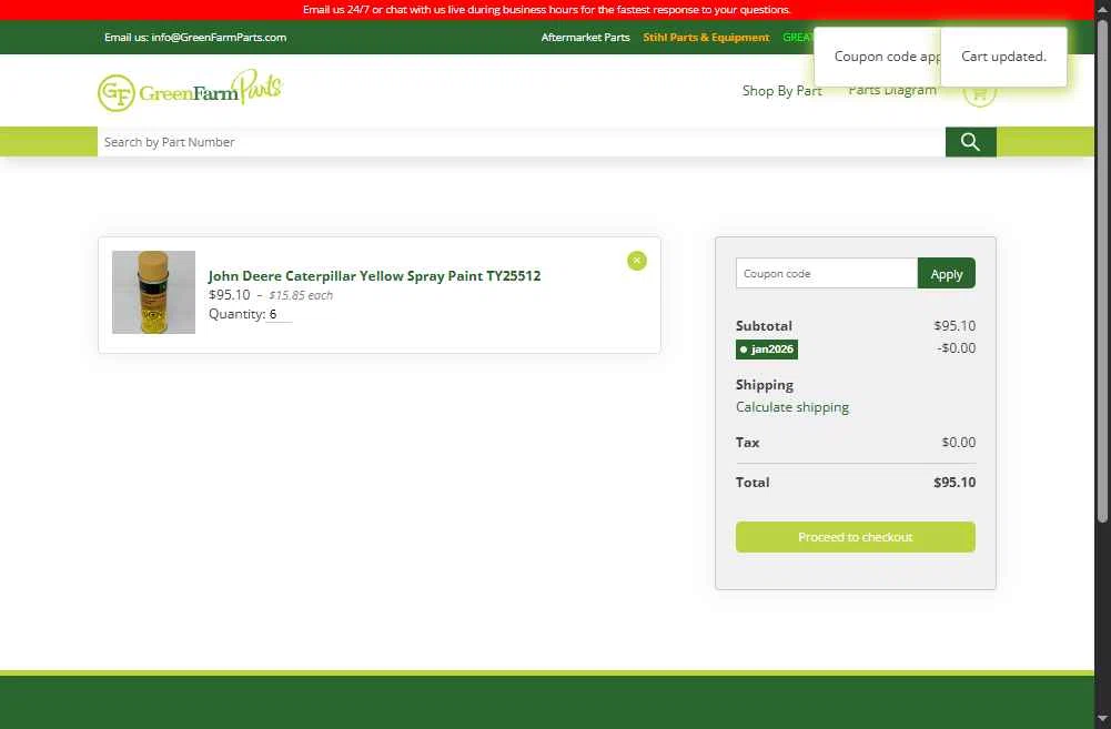 Green Farm Parts checkout page showing Green Farm Parts coupon code box | Screenshot taken by SimplyCodes community member on Jan 30, 2026