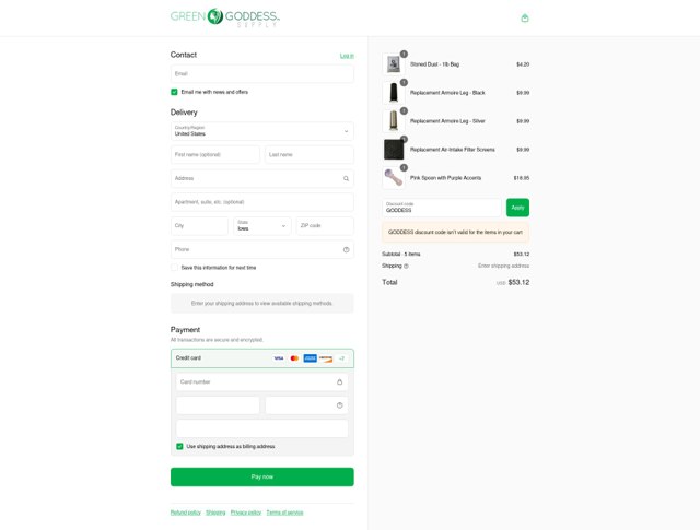 Green Goddess Supply checkout page showing Green Goddess Supply discount code box | Screenshot taken by SimplyCodes community member on Sep 6, 2025