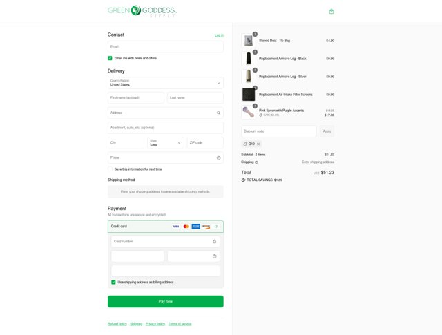 Green Goddess Supply checkout page showing Green Goddess Supply discount code box | Screenshot taken by SimplyCodes community member on Sep 2, 2025
