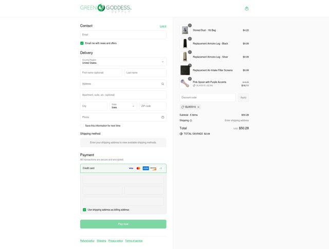 Green Goddess Supply checkout page showing Green Goddess Supply discount code box | Screenshot taken by SimplyCodes community member on Sep 2, 2025