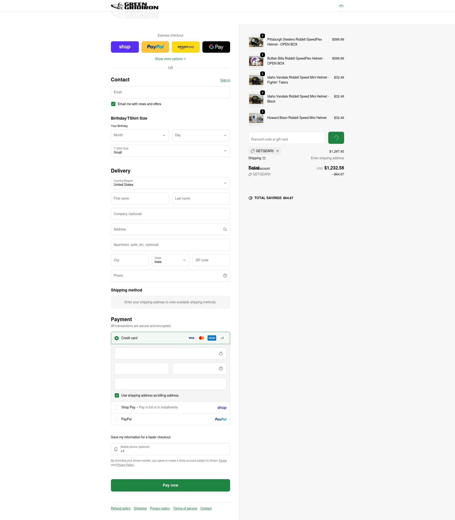 Green Gridiron checkout page showing Green Gridiron discount code box | Screenshot taken by SimplyCodes community member on Feb 13, 2026