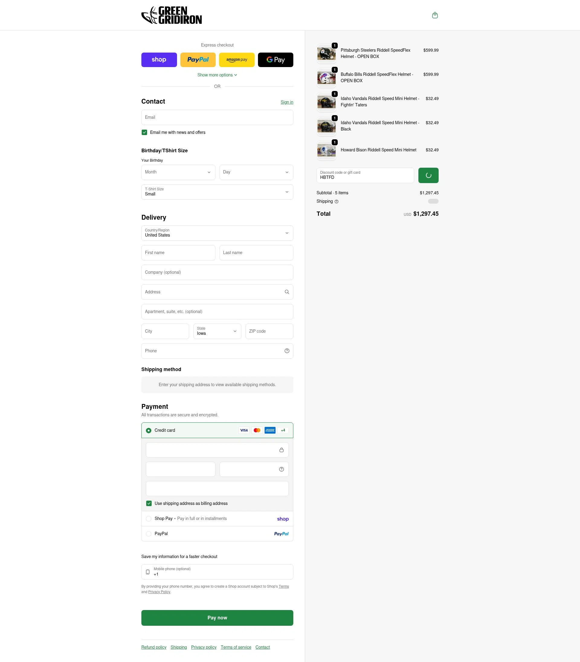 Green Gridiron checkout page showing Green Gridiron discount code box | Screenshot taken by SimplyCodes community member on Feb 18, 2026