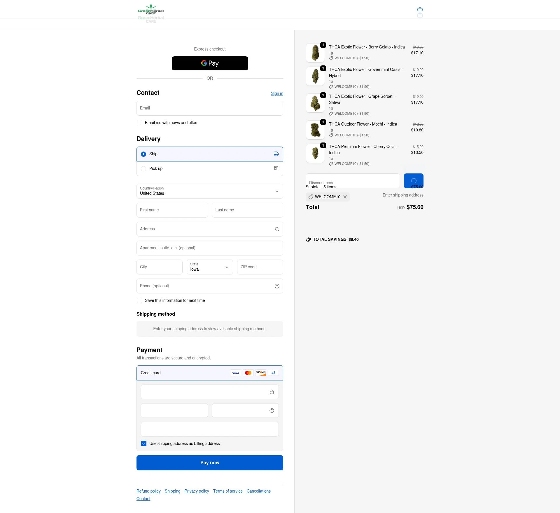Green Herbal Care checkout page showing Green Herbal Care discount code box | Screenshot taken by SimplyCodes community member on Jan 8, 2026