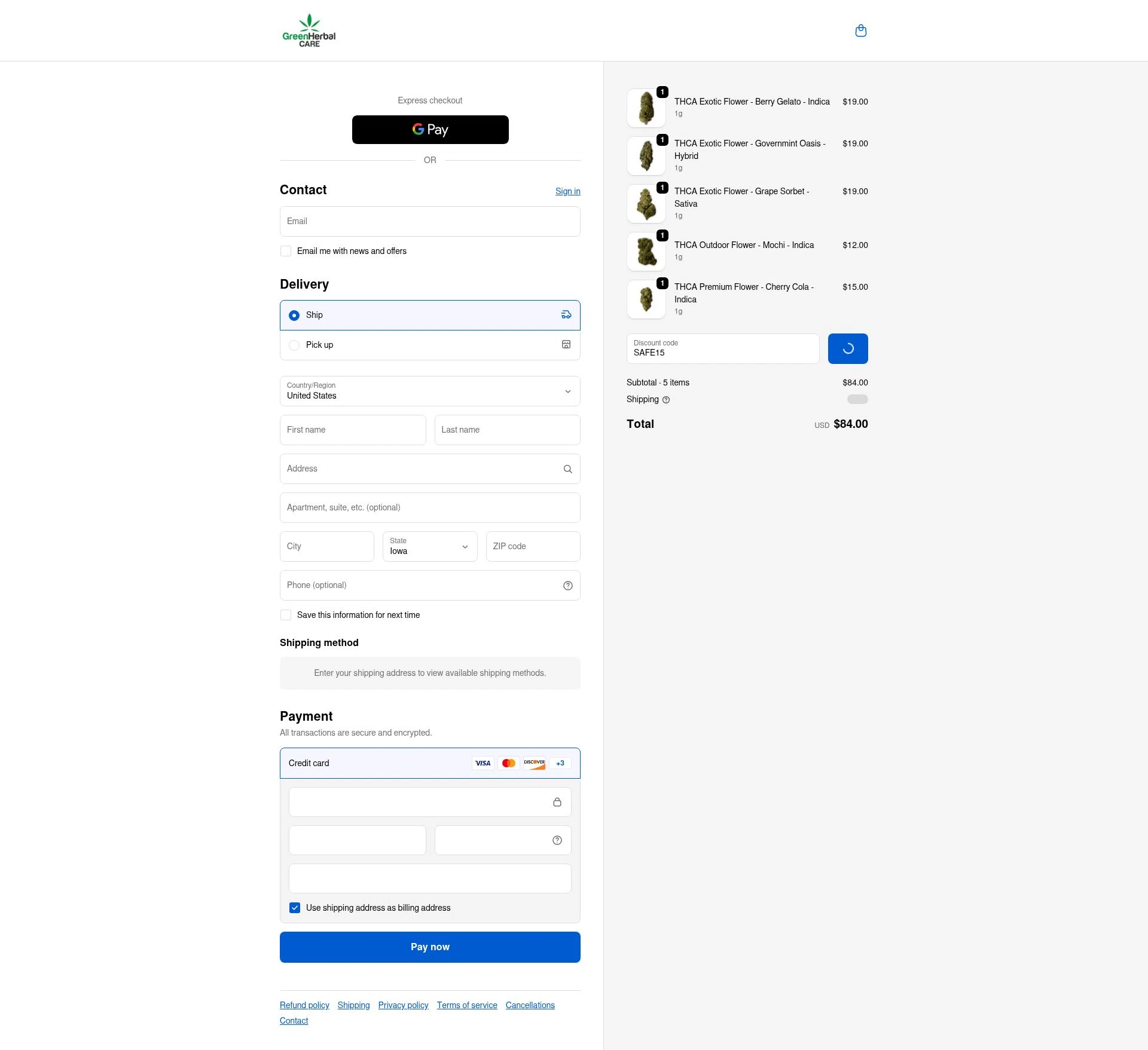 Green Herbal Care checkout page showing Green Herbal Care discount code box | Screenshot taken by SimplyCodes community member on Jan 8, 2026