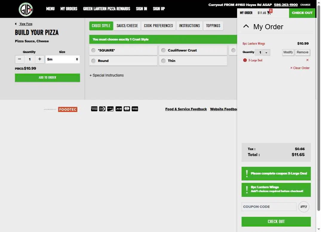 Green Lantern Pizza checkout page showing Green Lantern Pizza coupon code box | Screenshot taken by SimplyCodes community member on Jun 28, 2025