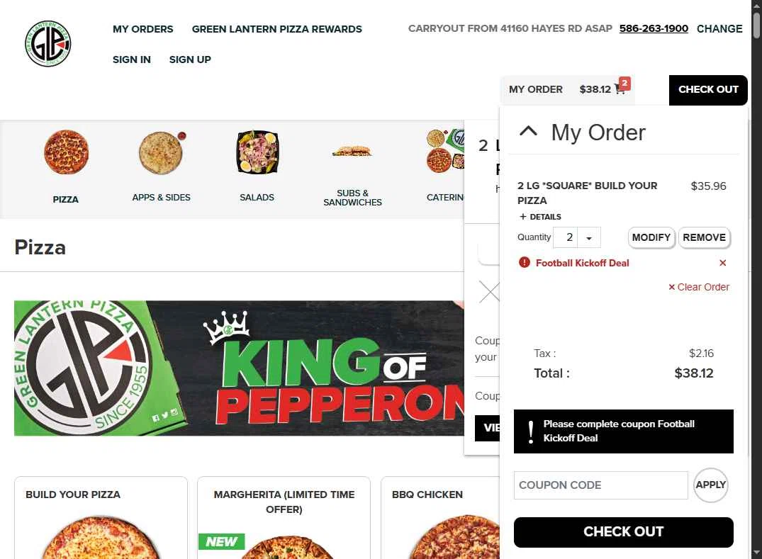 Green Lantern Pizza checkout page showing Green Lantern Pizza coupon code box | Screenshot taken by SimplyCodes community member on Oct 20, 2025