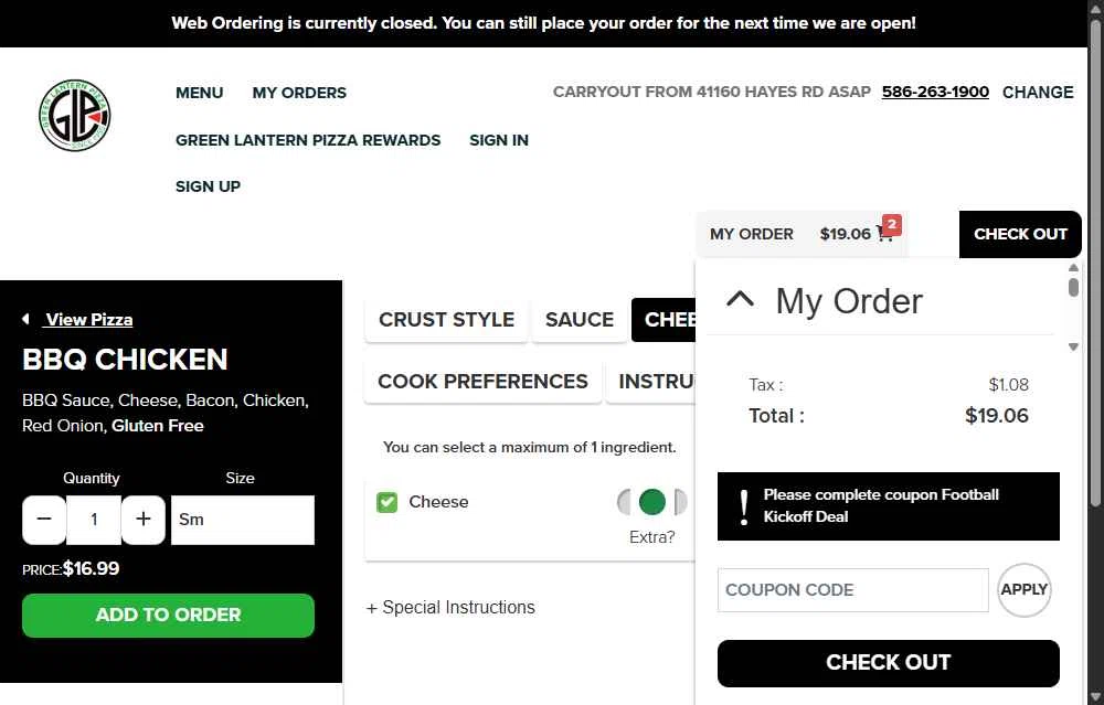 Green Lantern Pizza checkout page showing Green Lantern Pizza coupon code box | Screenshot taken by SimplyCodes community member on Nov 18, 2025