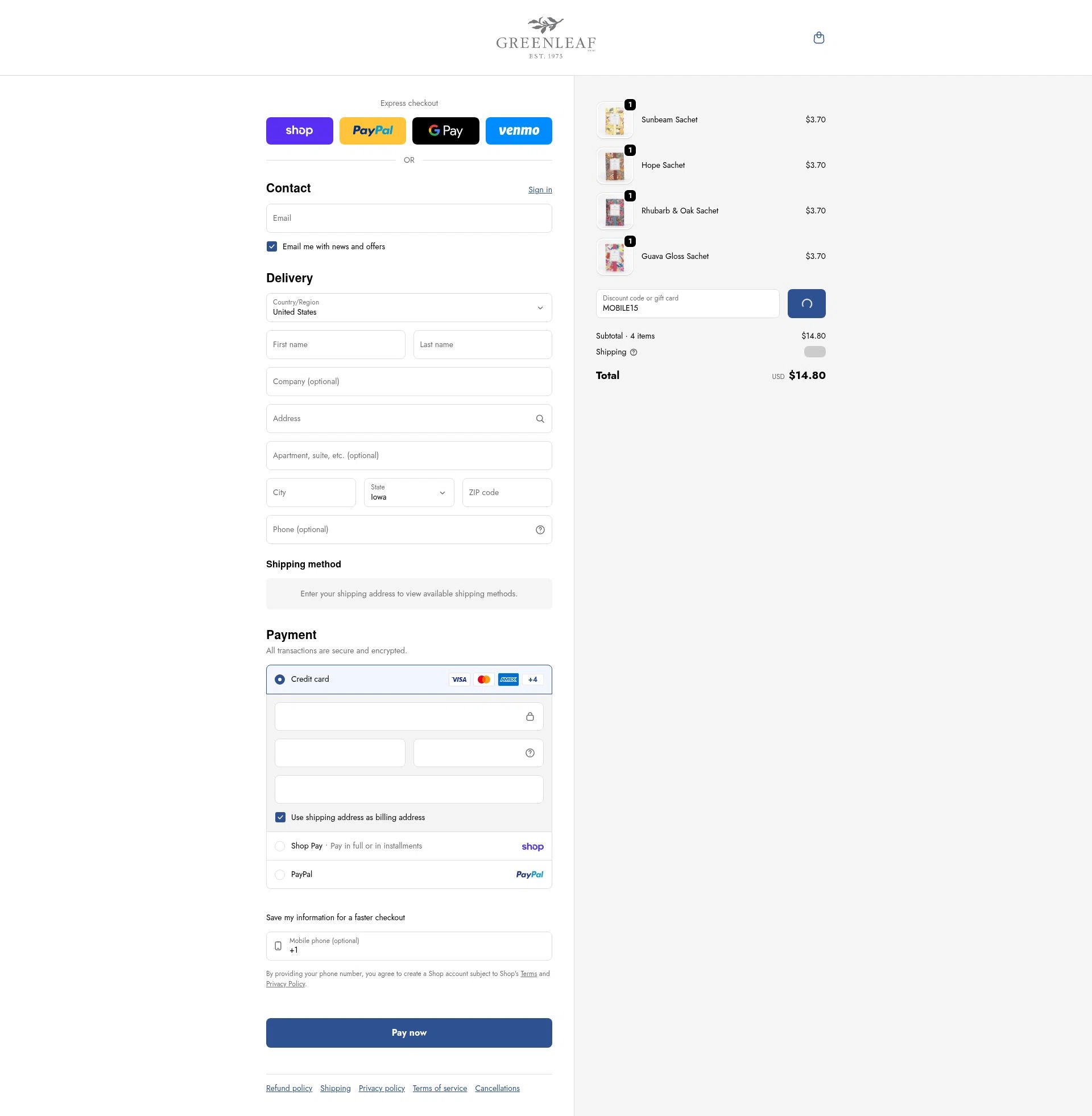 Greenleaf Gifts checkout page showing Greenleaf Gifts promo code box | Screenshot taken by SimplyCodes community member on Feb 4, 2026