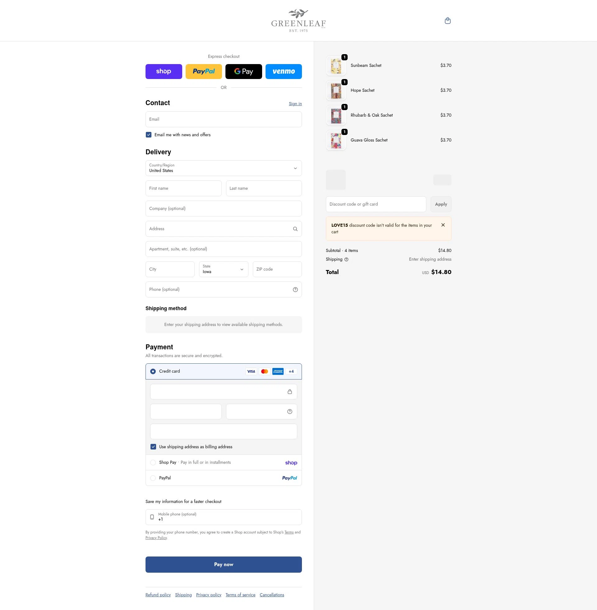Greenleaf Gifts checkout page showing Greenleaf Gifts promo code box | Screenshot taken by SimplyCodes community member on Feb 4, 2026