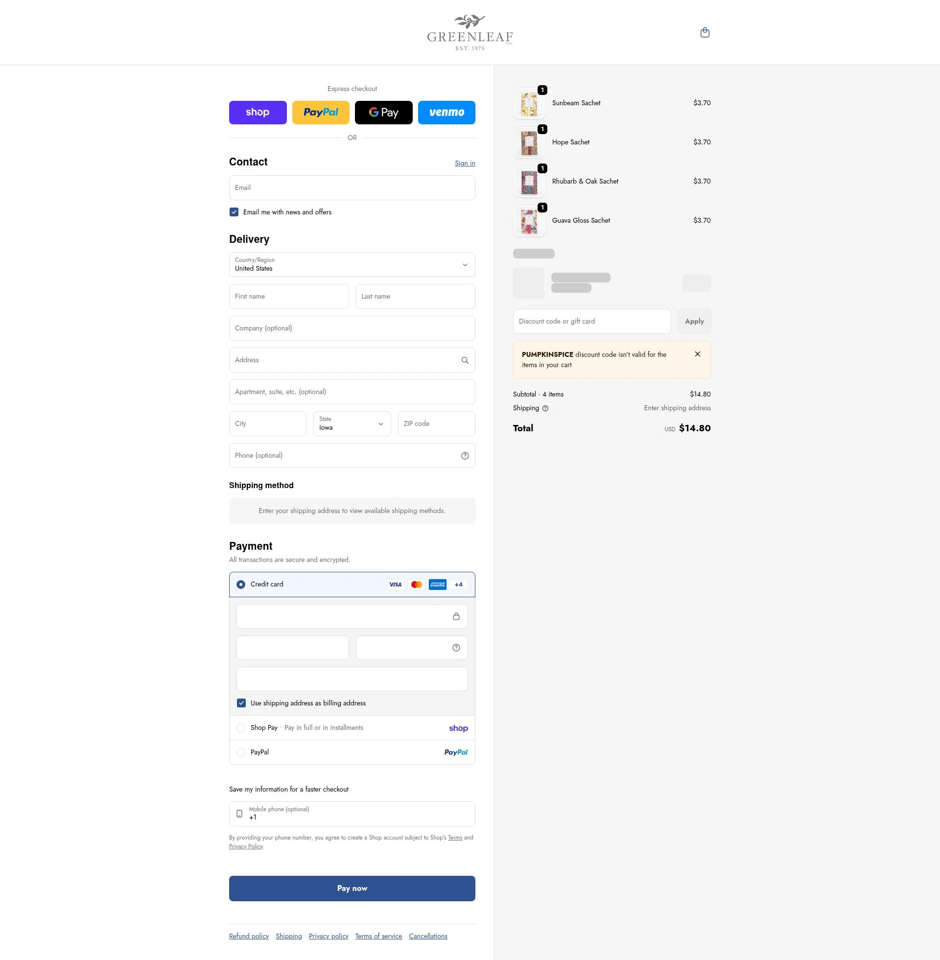 Greenleaf Gifts checkout page showing Greenleaf Gifts promo code box | Screenshot taken by SimplyCodes community member on Feb 4, 2026