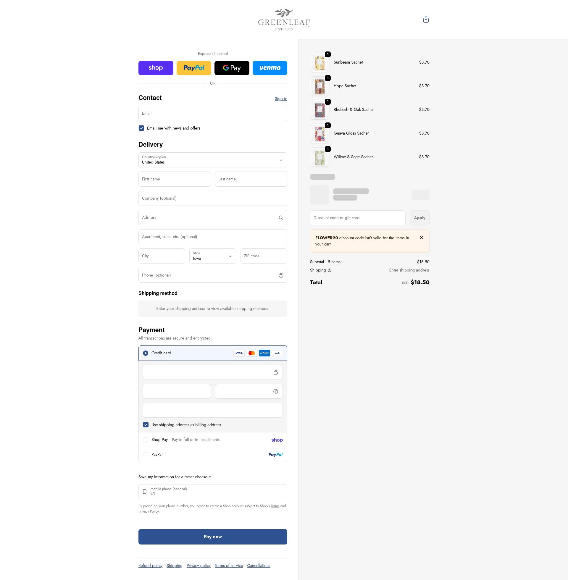 Greenleaf Gifts checkout page showing Greenleaf Gifts promo code box | Screenshot taken by SimplyCodes community member on Jan 31, 2026